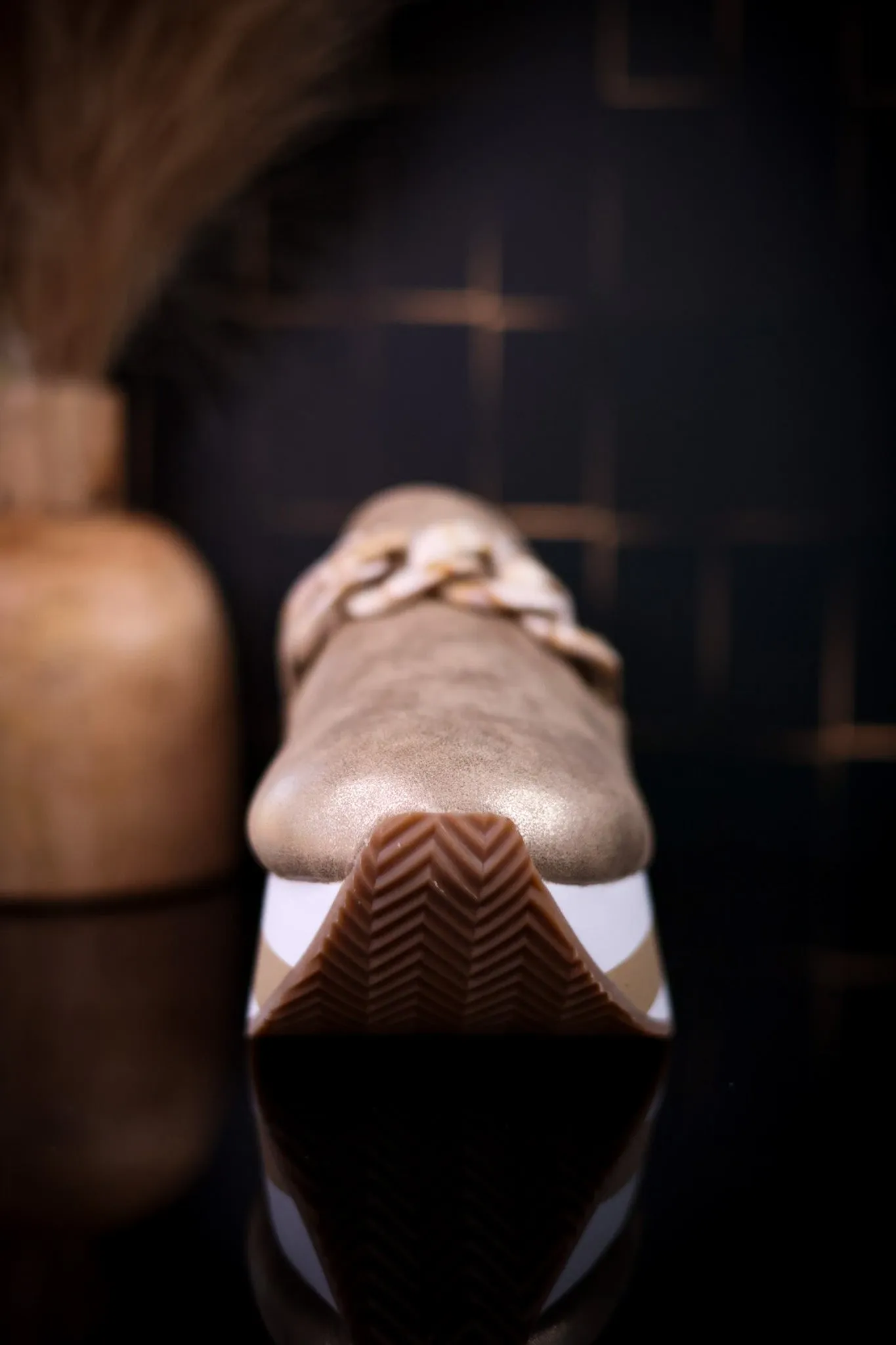 Champagne Faux Suede Loafers with Chain Detail FINAL SALE