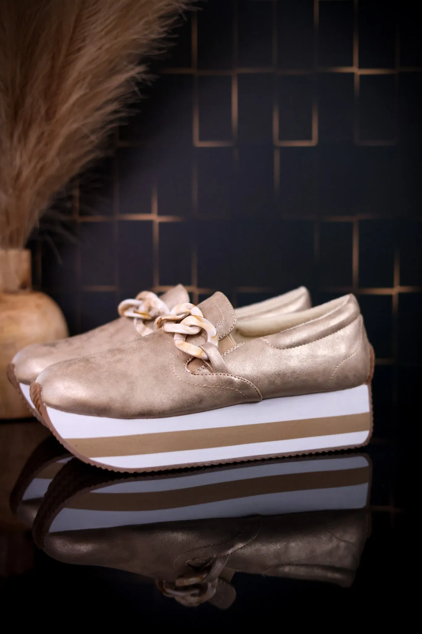Champagne Faux Suede Loafers with Chain Detail FINAL SALE