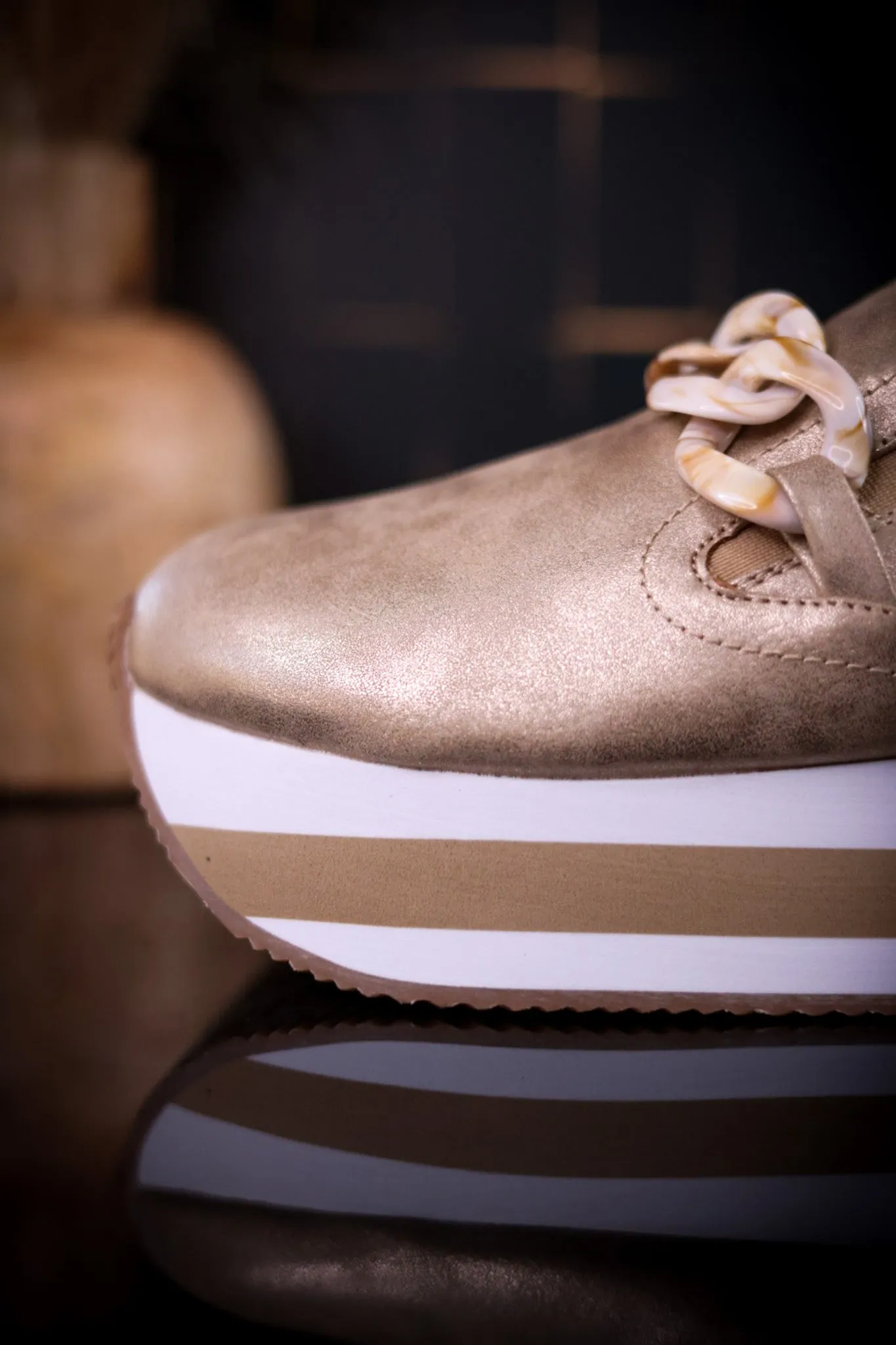 Champagne Faux Suede Loafers with Chain Detail FINAL SALE