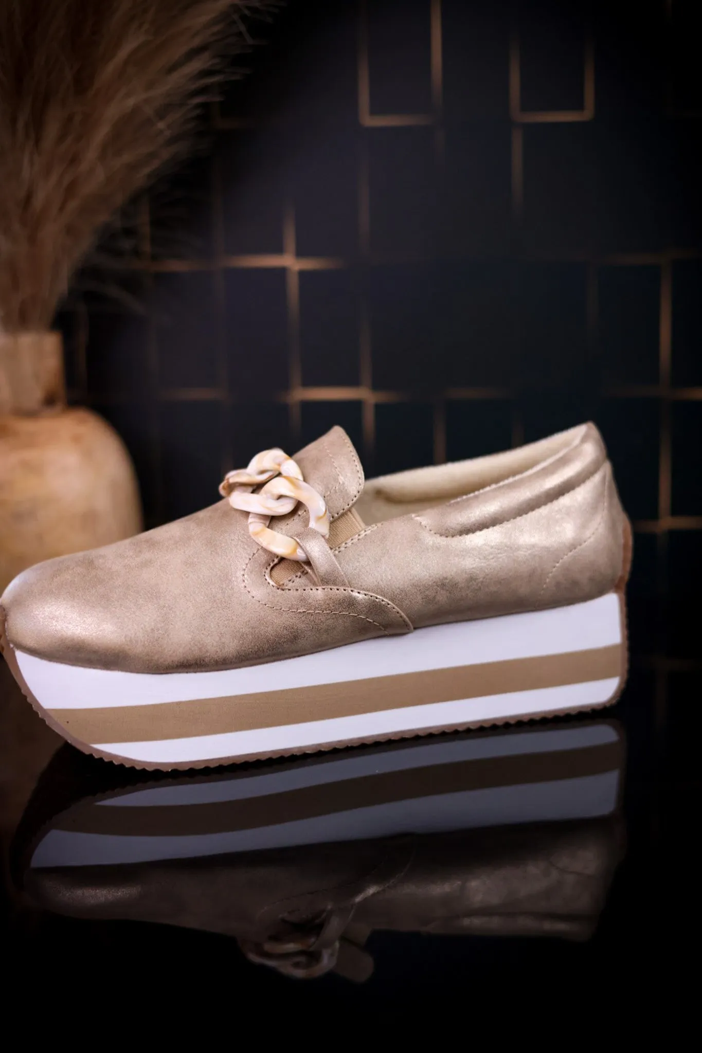 Champagne Faux Suede Loafers with Chain Detail FINAL SALE
