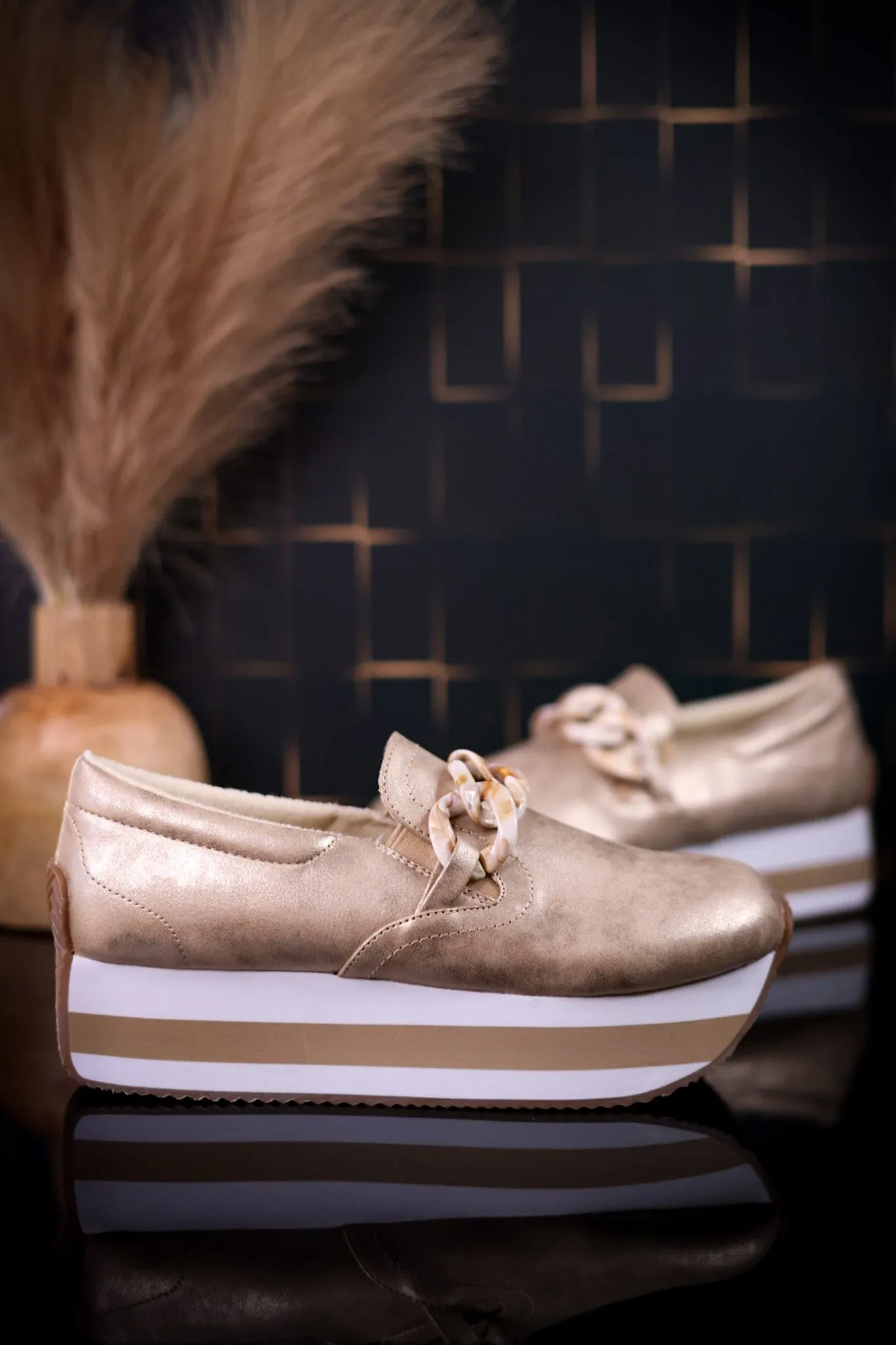 Champagne Faux Suede Loafers with Chain Detail FINAL SALE