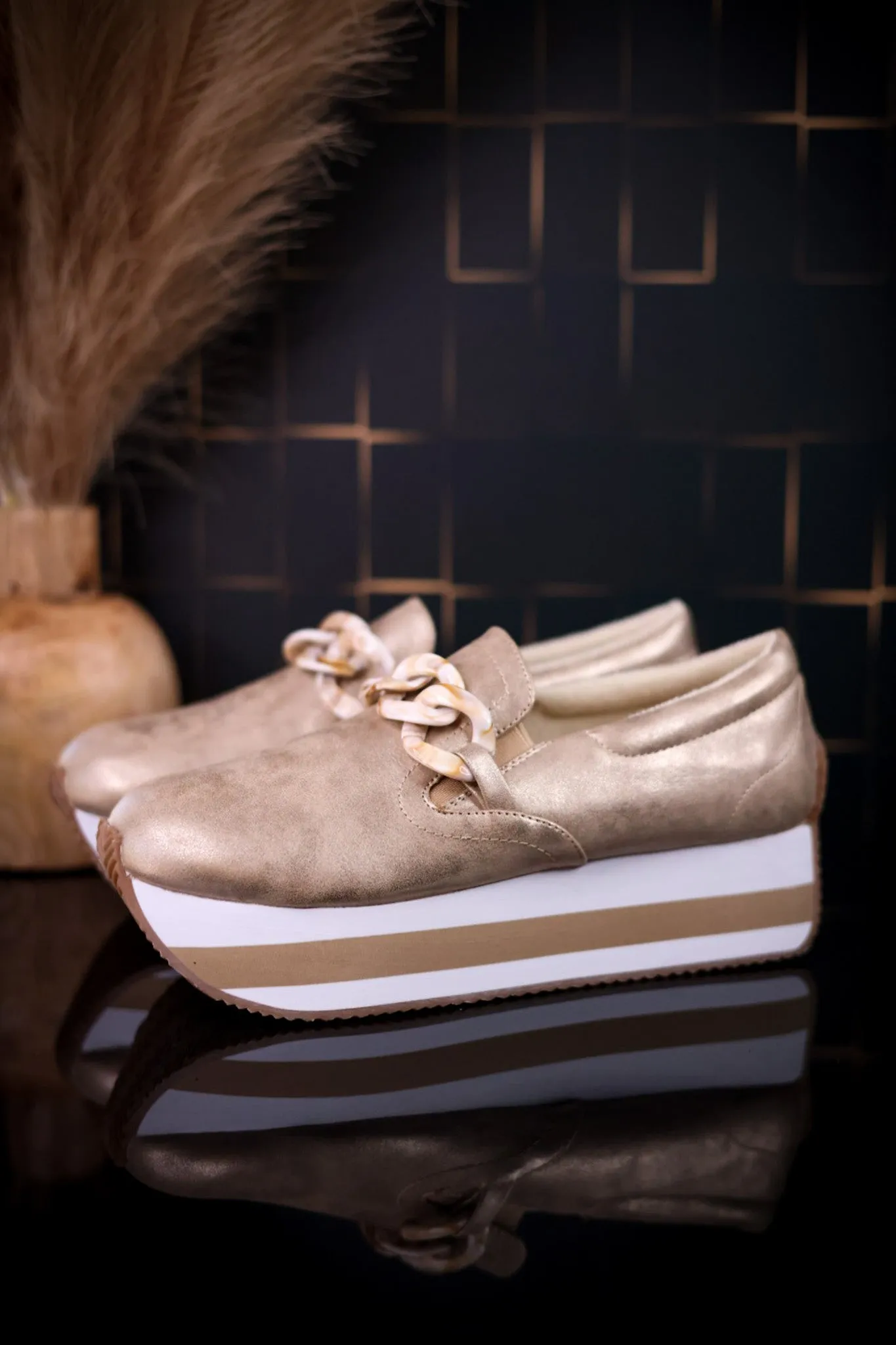 Champagne Faux Suede Loafers with Chain Detail FINAL SALE