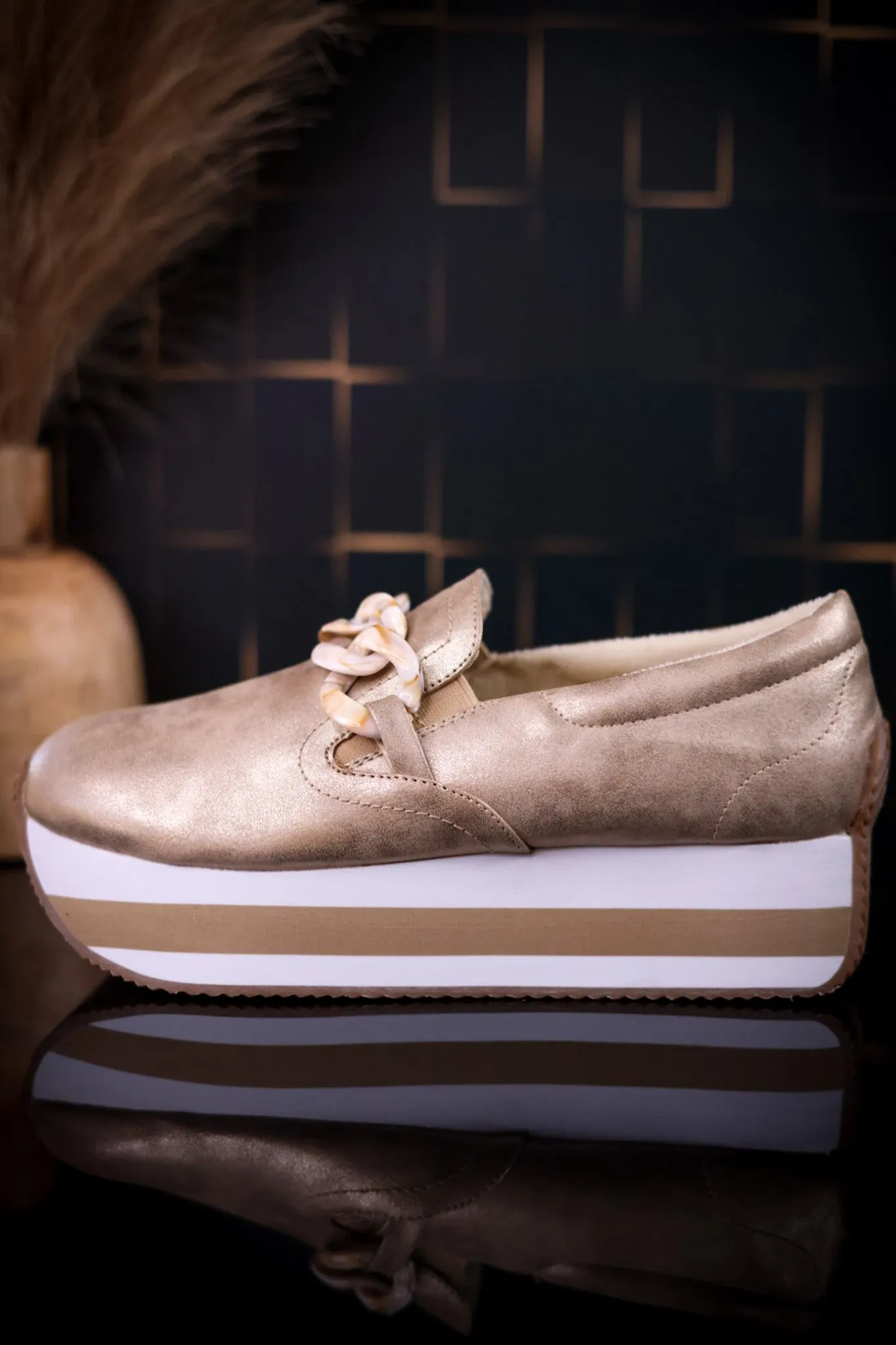 Champagne Faux Suede Loafers with Chain Detail FINAL SALE