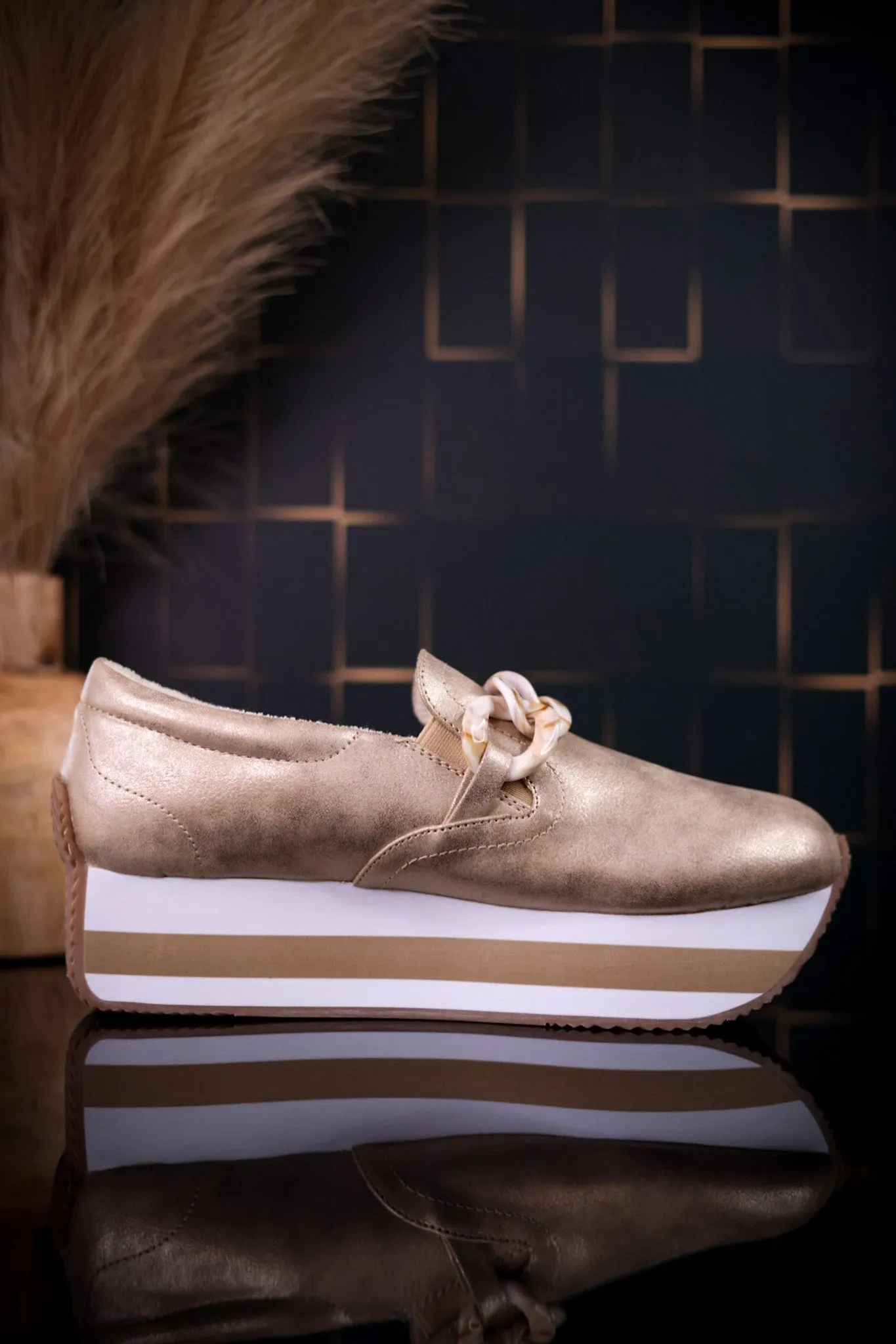 Champagne Faux Suede Loafers with Chain Detail FINAL SALE