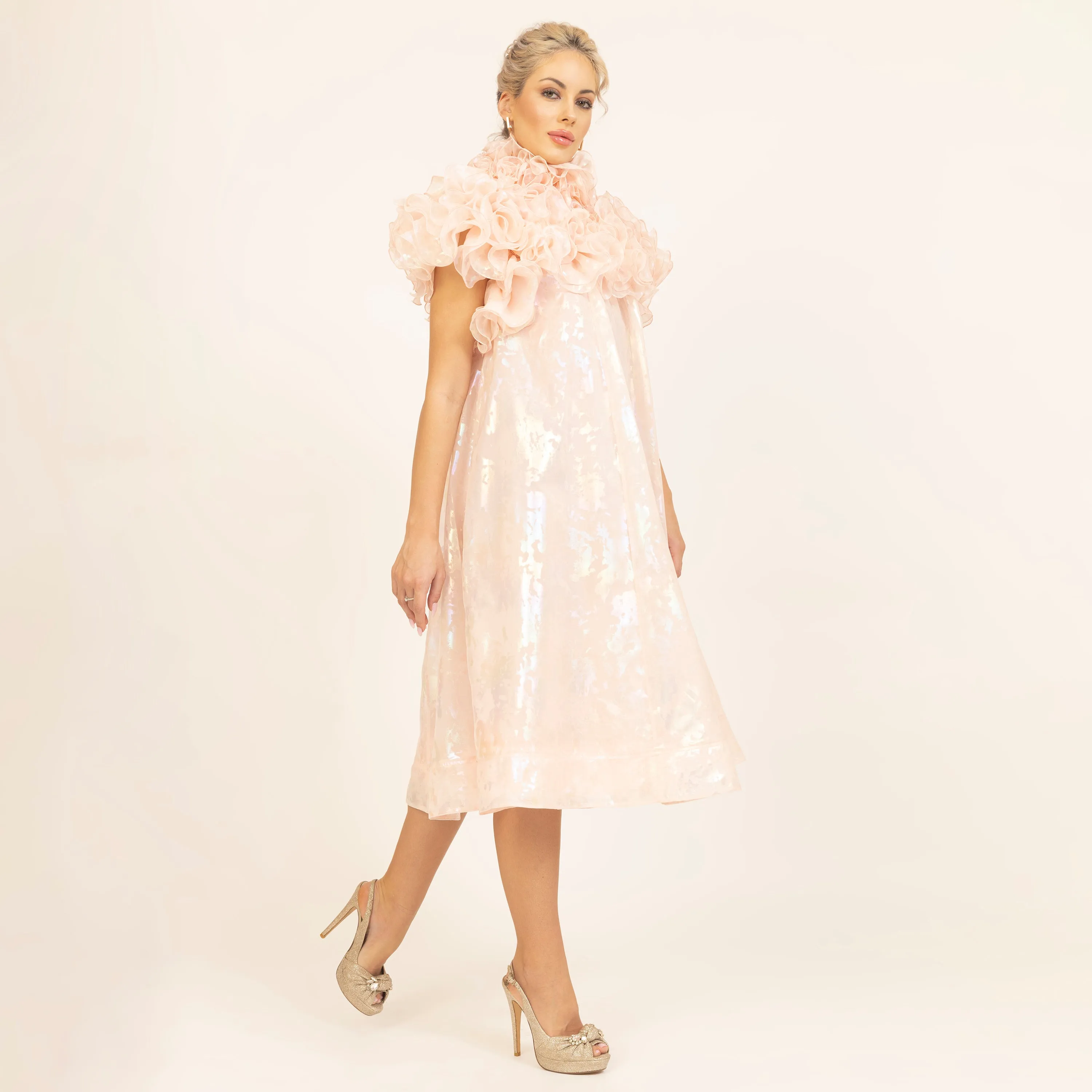 Light Pink Holographic Print Organza Frill Dress