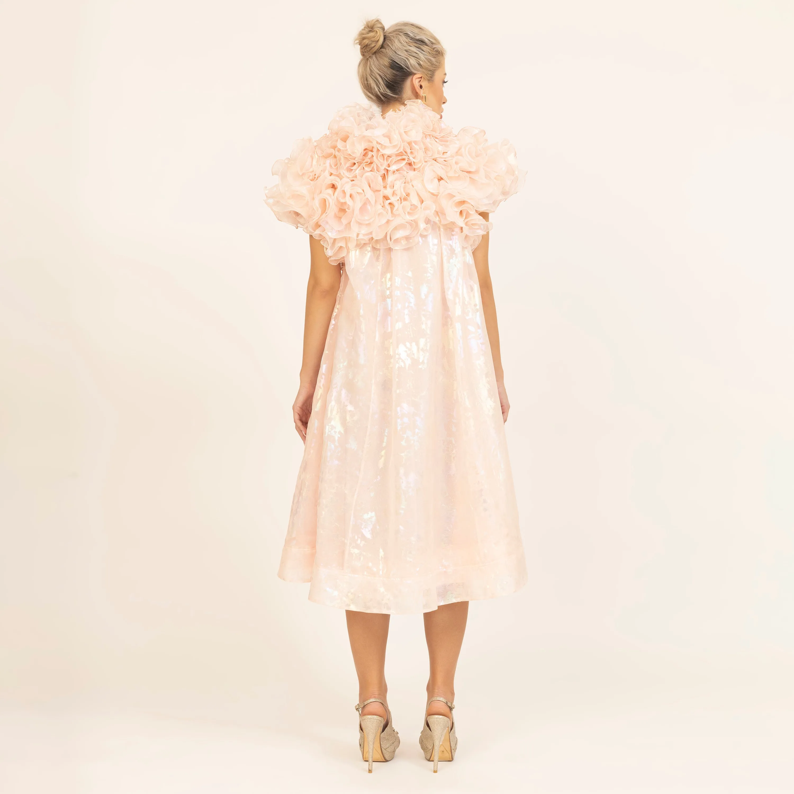 Light Pink Holographic Print Organza Frill Dress