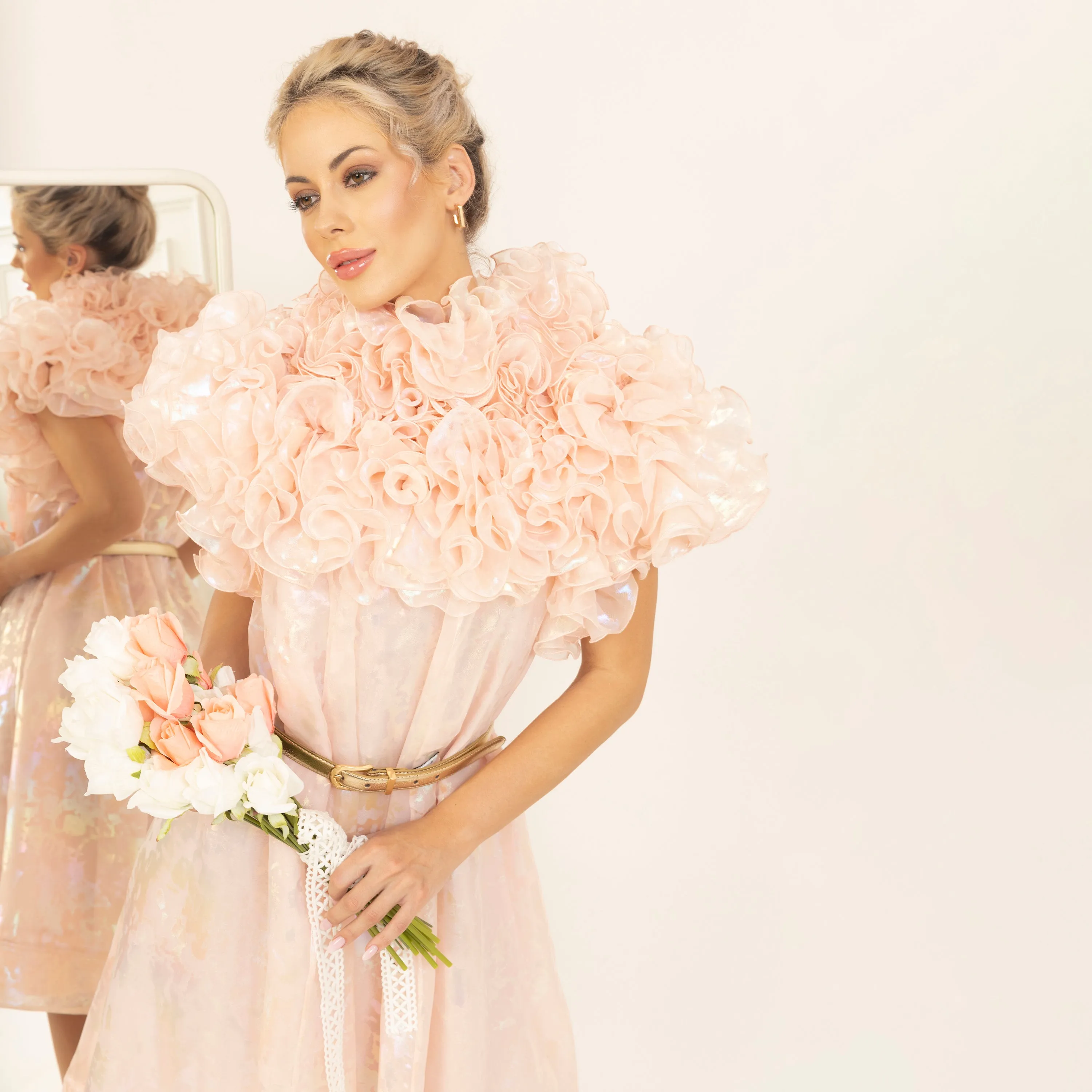 Light Pink Holographic Print Organza Frill Dress