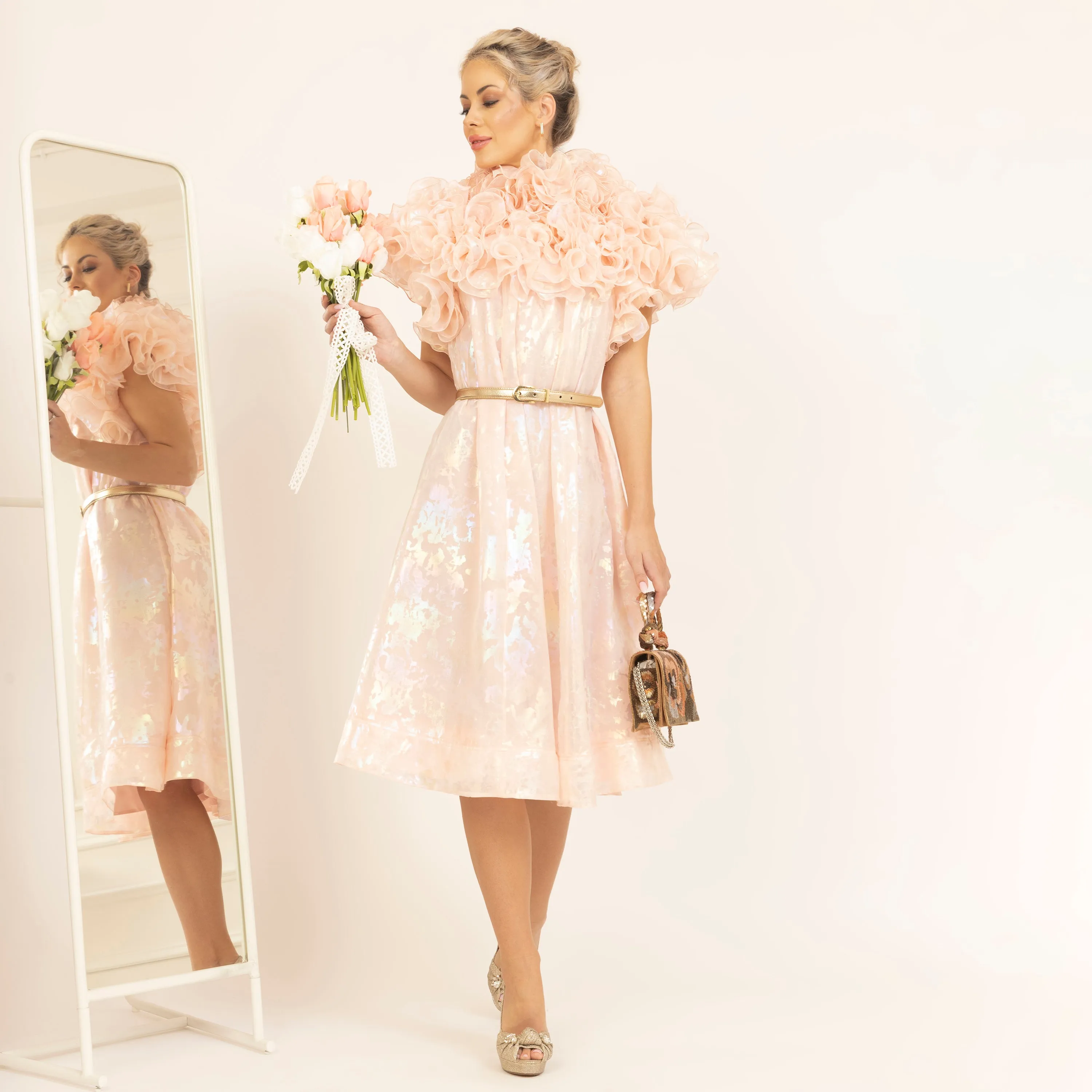 Light Pink Holographic Print Organza Frill Dress