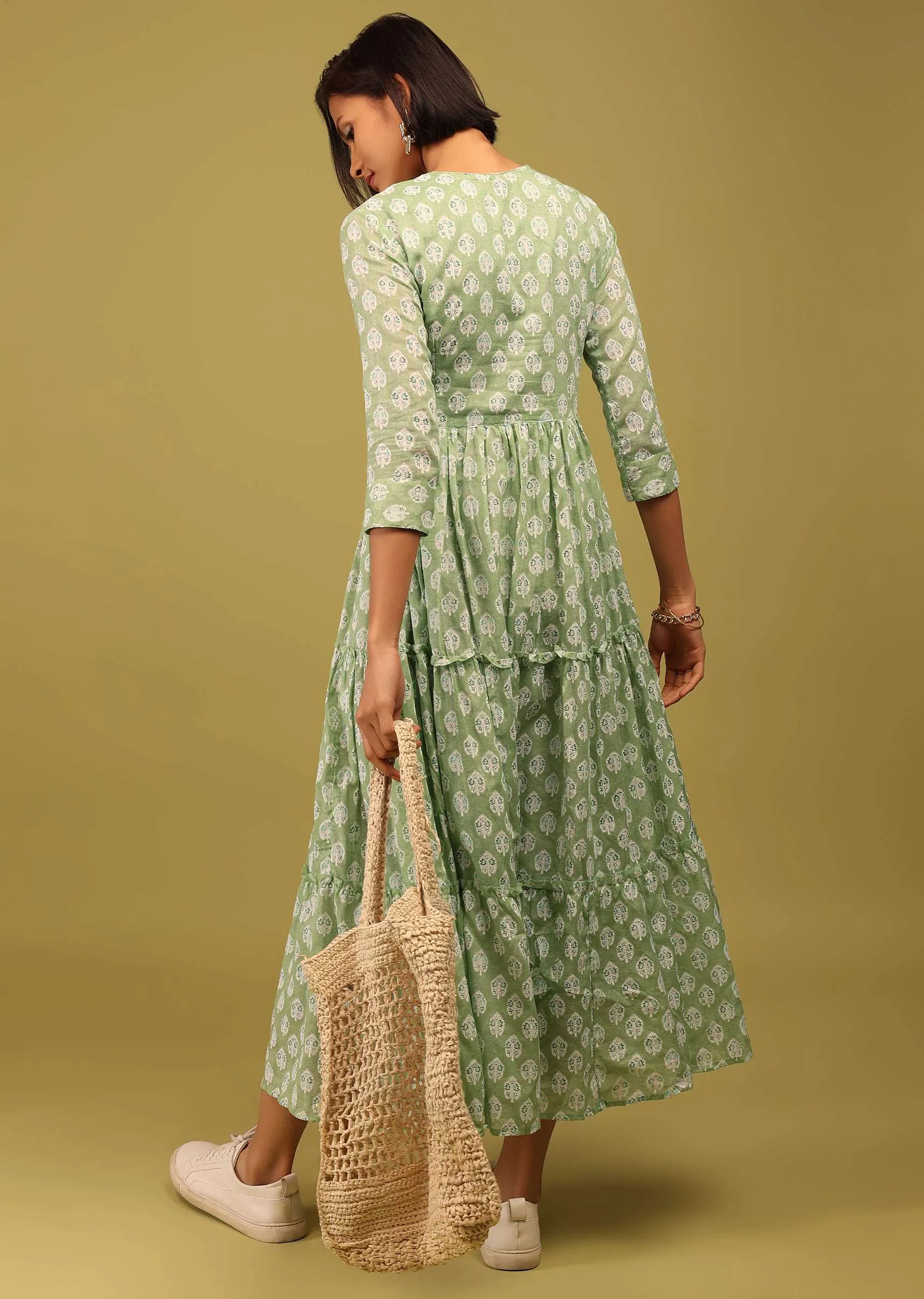 Light Pista Green Tiered Dress With Floral Block Print And Tassel Dori