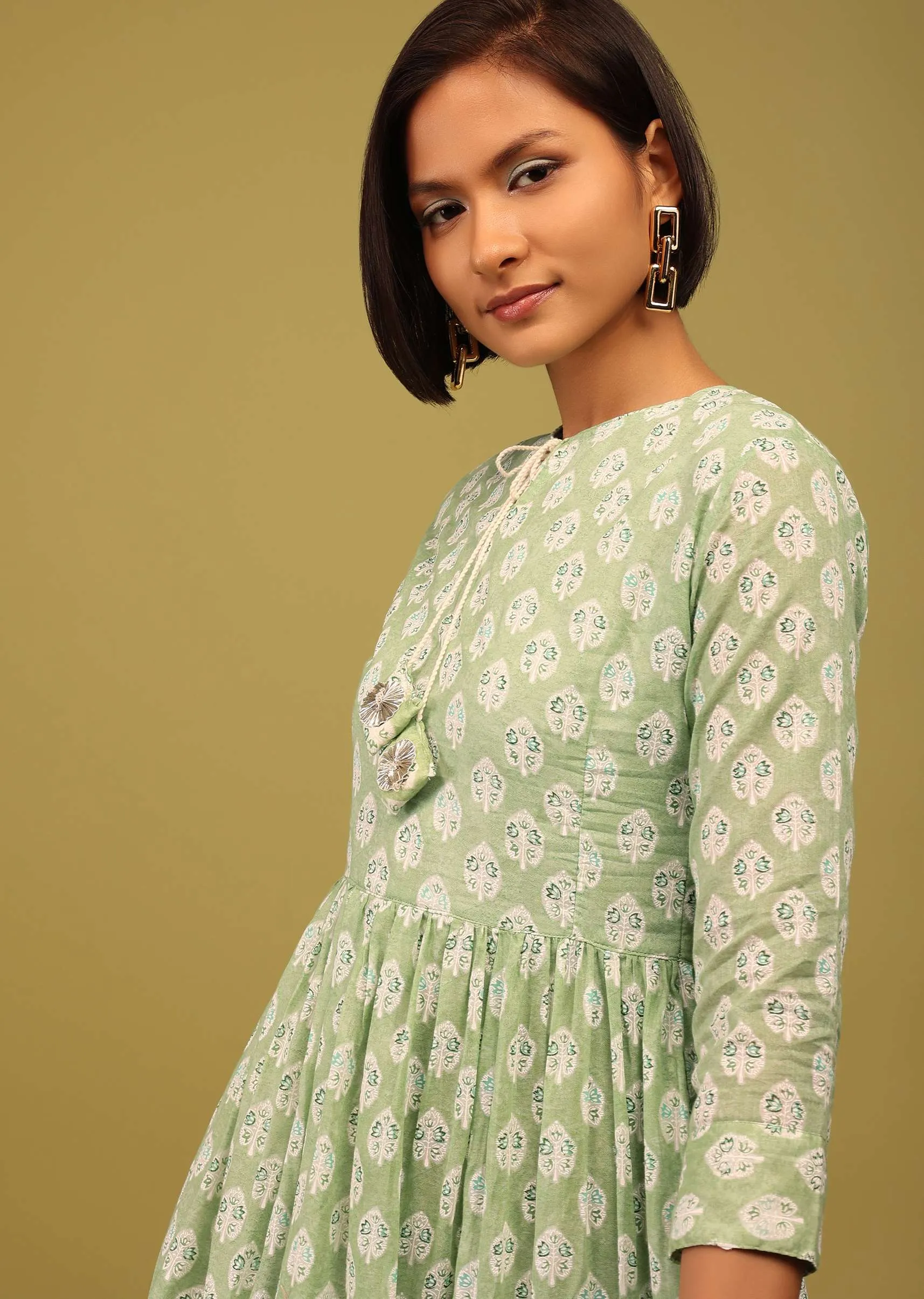 Light Pista Green Tiered Dress With Floral Block Print And Tassel Dori