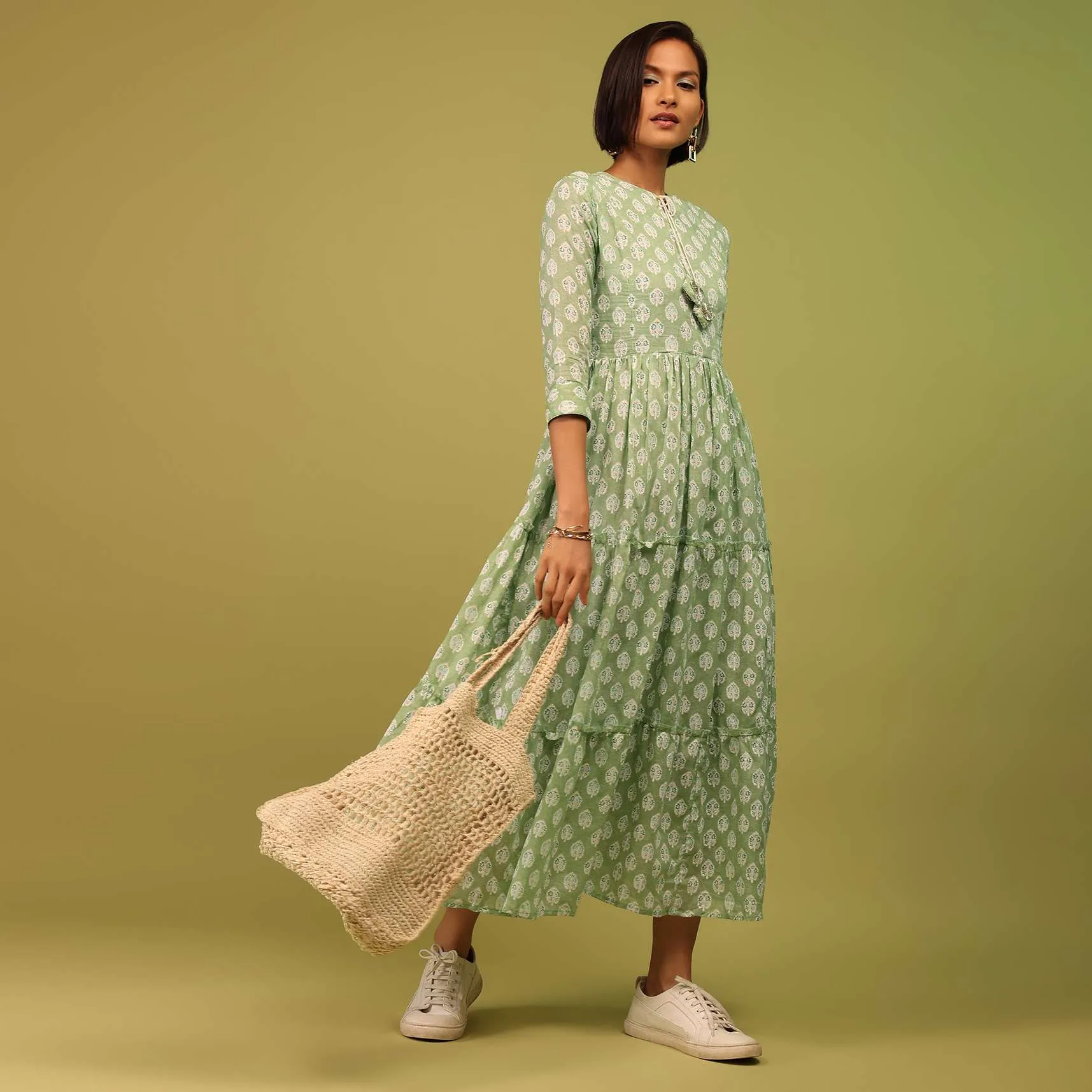Light Pista Green Tiered Dress With Floral Block Print And Tassel Dori