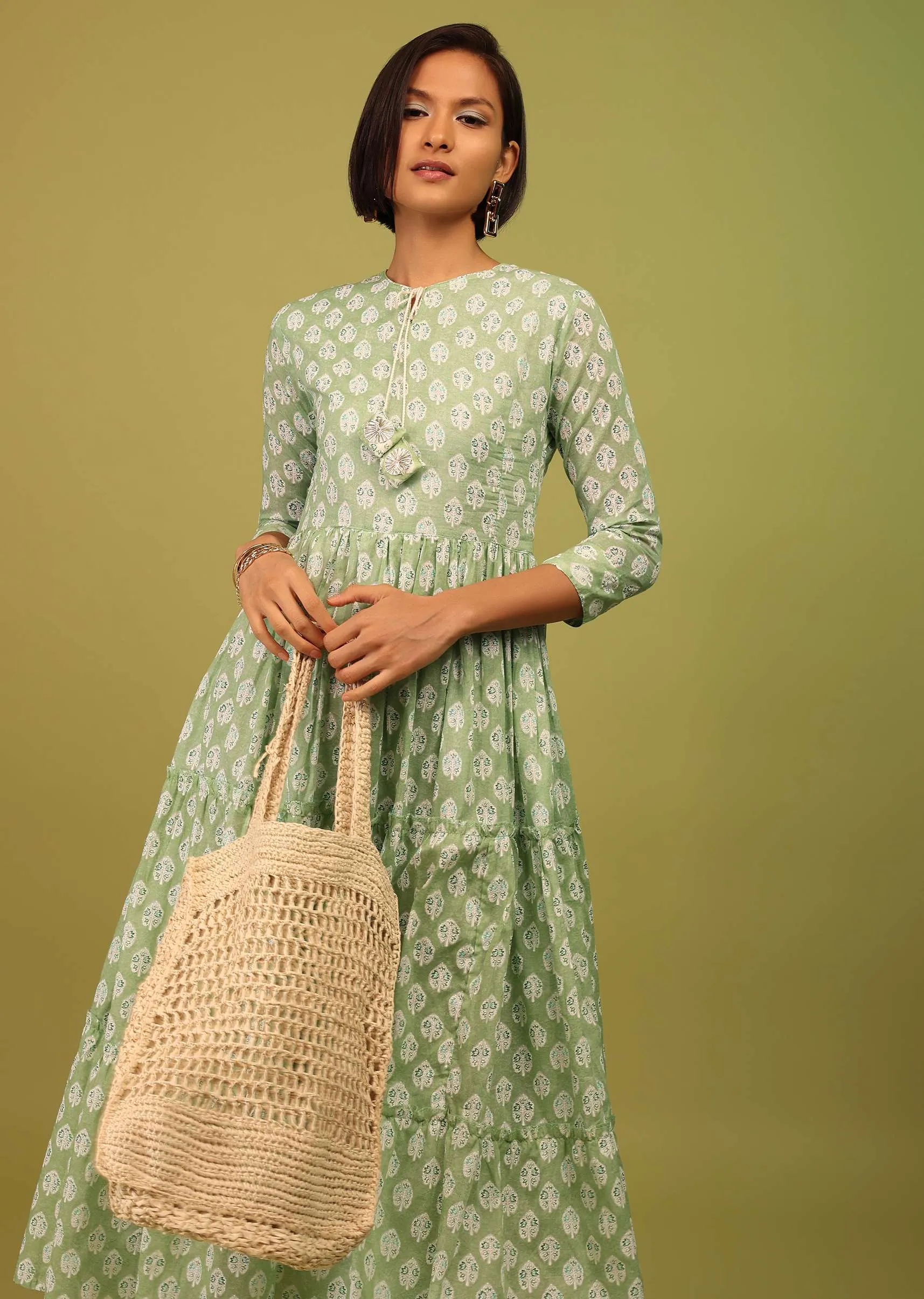 Light Pista Green Tiered Dress With Floral Block Print And Tassel Dori