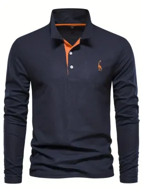 PoloMax - Heren Lange Mouw Polo Shirt met Geborduurd Logo, Casual Knoopsluiting Top